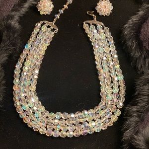 Vintage 4 Strand Aurora Borealis Crystal Necklace
